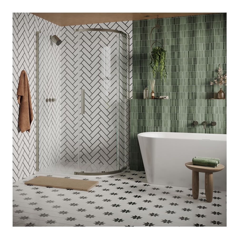 Lifestyle image of Crosswater Asura 8 Brushed Stainless Steel 1200 x 800mm Offset Shower Quadrant